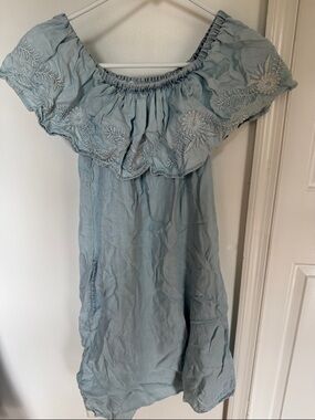 beachlunchlounge Light Blue Chambray Embroidered Ruffle Off-Shoulder Dress